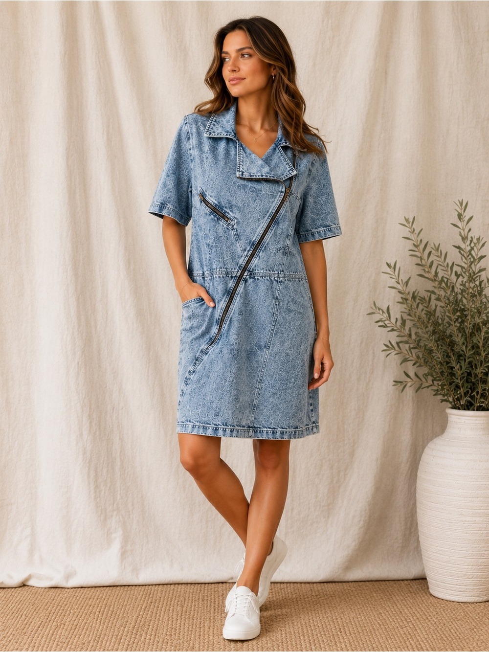 Vintage 80s Acid Wash Denim Dress Asymmetrical Zip Moto Dress